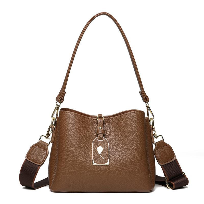 

New Luxury Casual Shoulder Bag Women‘s PU Leather Crossbody Purse Large Capacity Small Bucket Tote Fashi Solid Color Handbag кавовий