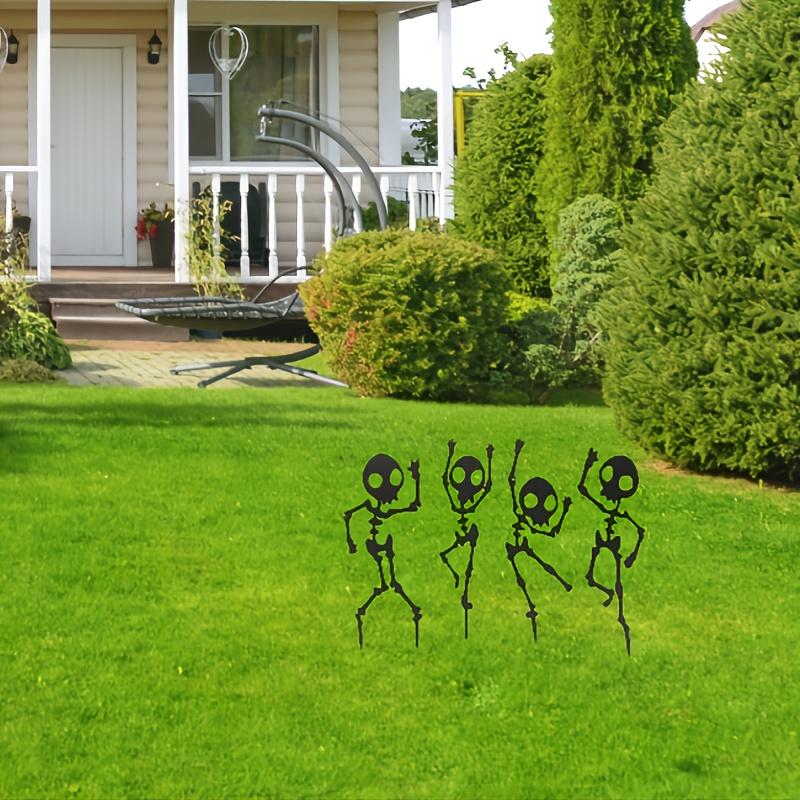 4pcs 2D Flat Printing, Dancing Skeleton Garden Stake Set, Halloween Decoration, Black, Outdoor Lawn Ground Plug Easy to Install