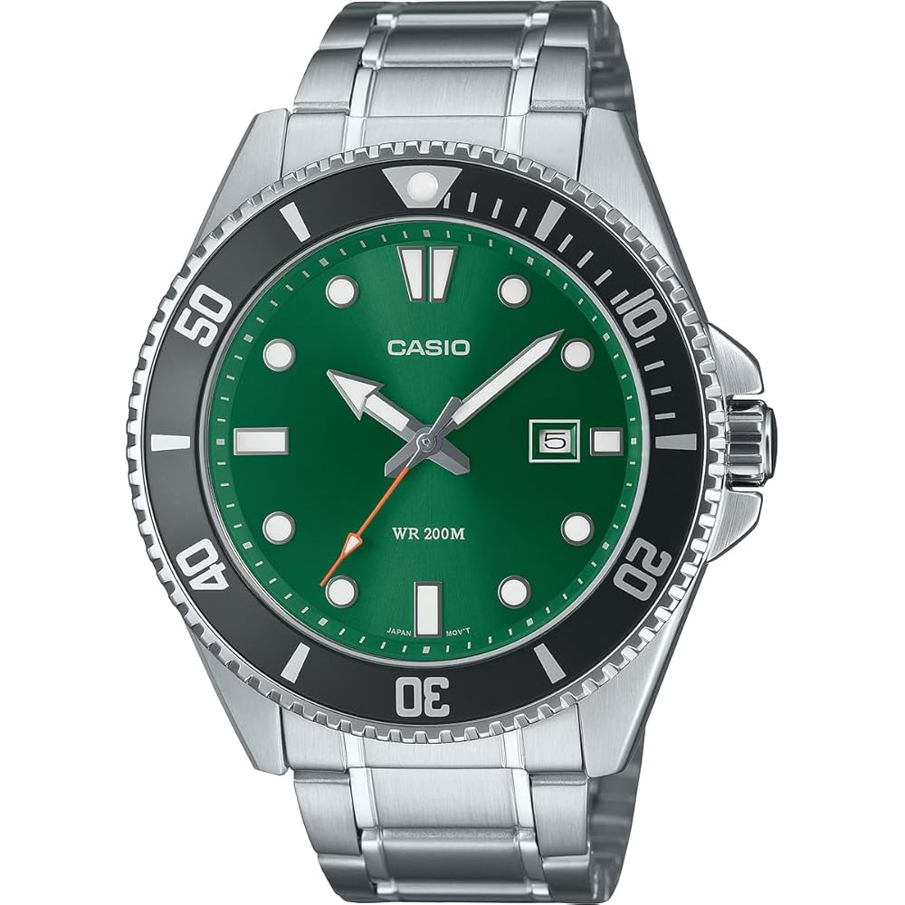 

Casio Standard Analog Sports Watch 20 ATM Water Resistant Green Dial Metal Band Men s