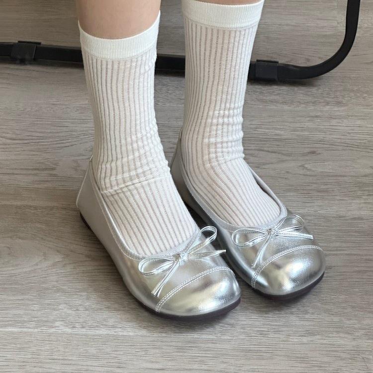 Blue cabinet, ballet style silver round head, cute small single shoes, super soft and comfortable grandma shoes, flat leather shoes.