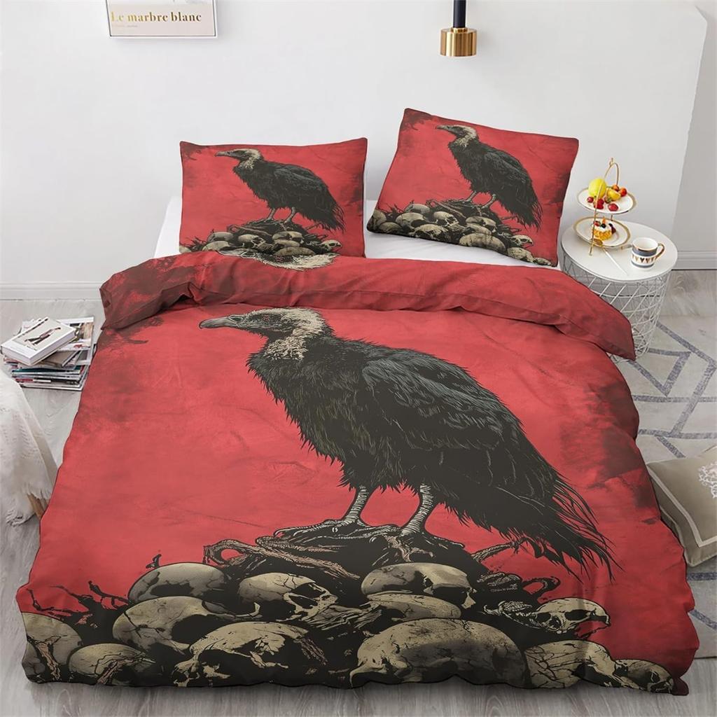 Crow Skeleton Microfiber Bedding Set With Pillowcases 50x75cm, Vintage 3D Printed Quilt Cover With Zipper For Kids Aldults