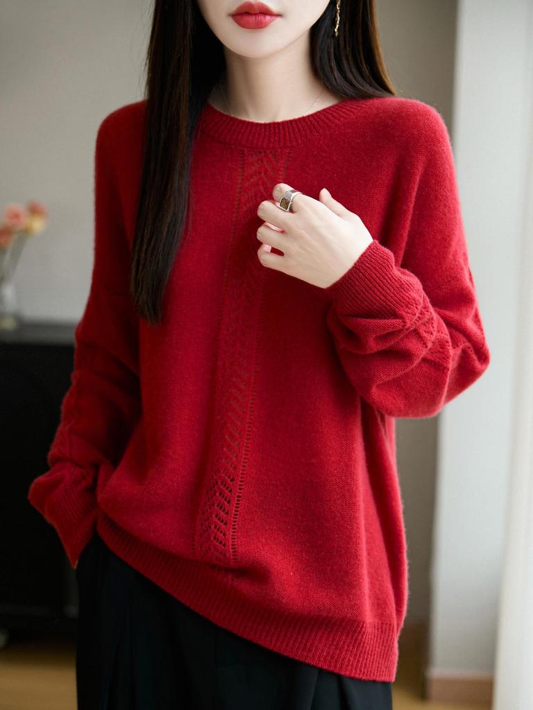 100% Pure Wool Hollow-Out Round Neck Sweater, Women's Autumn/Winter 3D Cable Knit Loose Cardigan