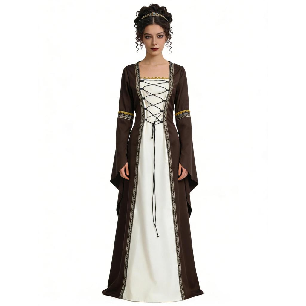 Abito Medievale Rinascimentale con Mantello, Abito Lungo Vittoriano con Lacci per Donna, Ideale per Halloween, Cosplay e Feste a Tema