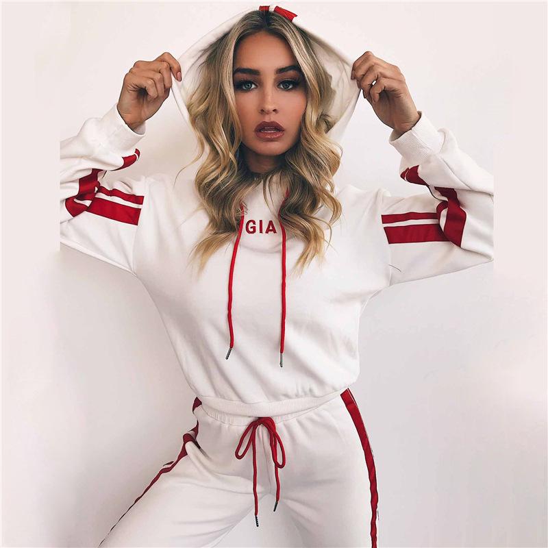 Women Casual Sweatshirt Sports Pants Hooded Cropped Sweatshirt