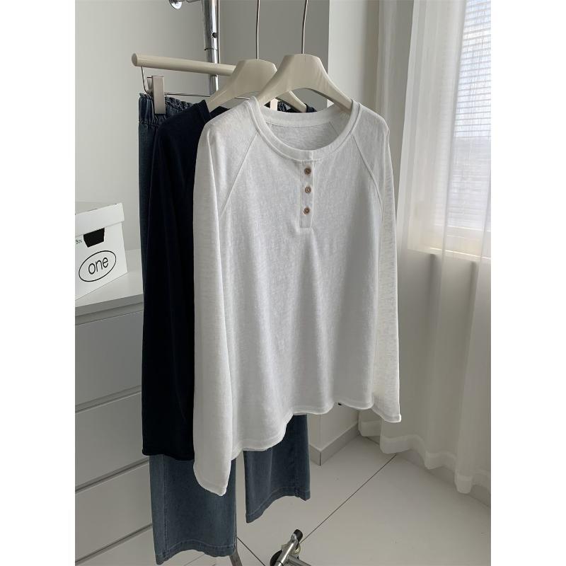 Koreanischer Stil Entspannte Minimalistische Langarm-Tops für Damen Herbst Lockeres T-Shirt Unterhemd