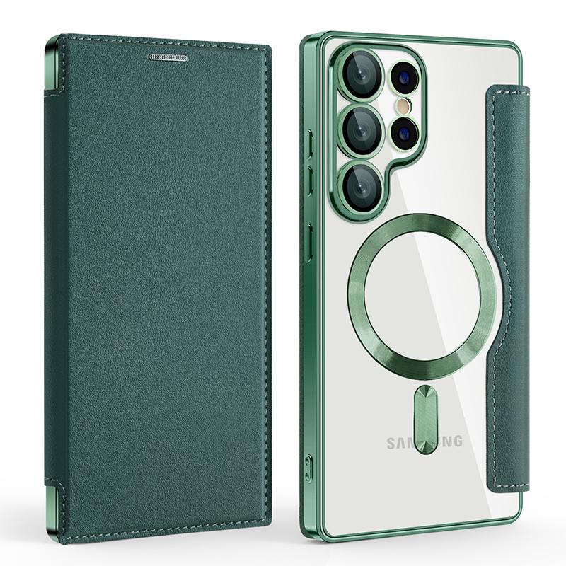 For Magsafe Magnetic Luxury Solid Color Leather Flip Wallet Card Slot Phone Case For Samsung S25 Ultra S23 S22 S24 Ultra Plus