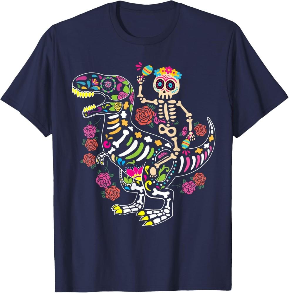 День Мертвых Скелет Едет на Динозавре Мальчики Мужчины Мексиканская Футболка Унисекс Футболка L