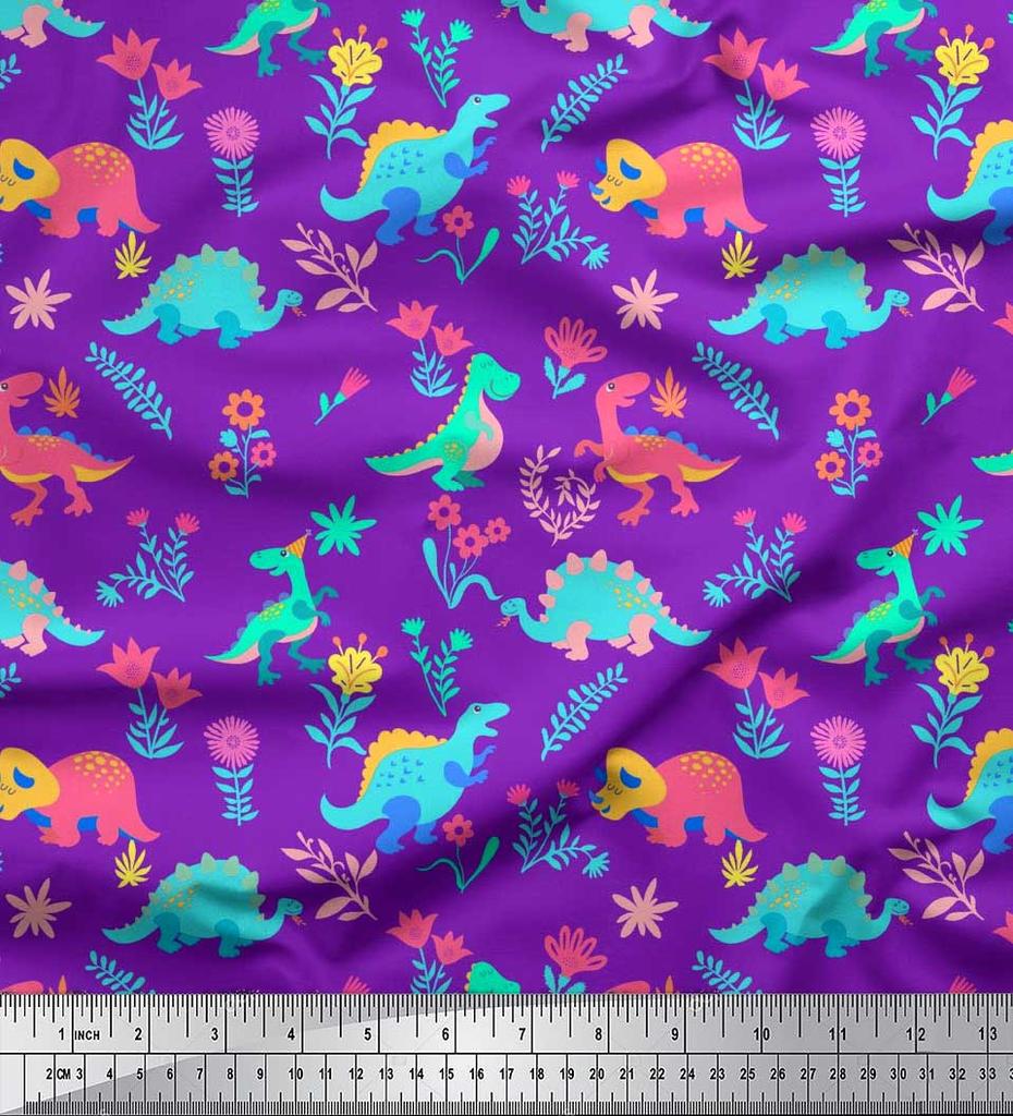 Soimoi Black Japan Crepe Satin Fabric Aster Flower & Dinosaur Kids Print Fabric by Metre 42 Inch