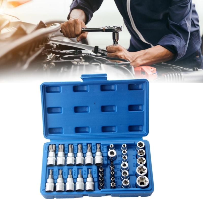 Complete 34Pieces 3/8'' Drive Socket and Bit Kit Male / Female with Storage Box for Home Repairs and Professional Use