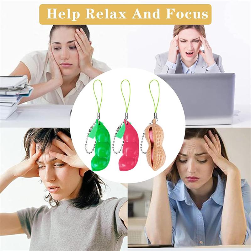 6Pcs Fidget Toy Set Squeeze Bean Soybean Stress Relieving Playful Charms Extrusion Edamame Pea Keychain for Mobile Phones Keys