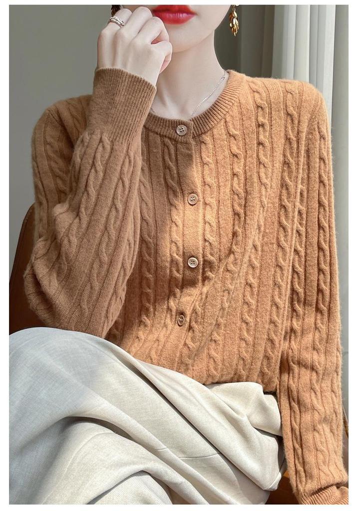 White Cable Knit Cardigan Coat - Women's Korean Slim Fit, Autumn Long Sleeve Sweater