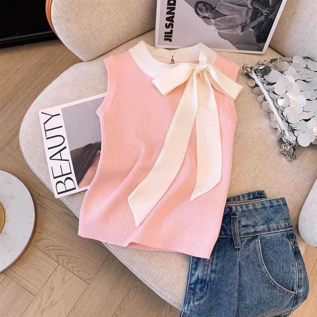 Summer Women Sleeveless Lace-up Collar Solid Knitted Sweater Tops