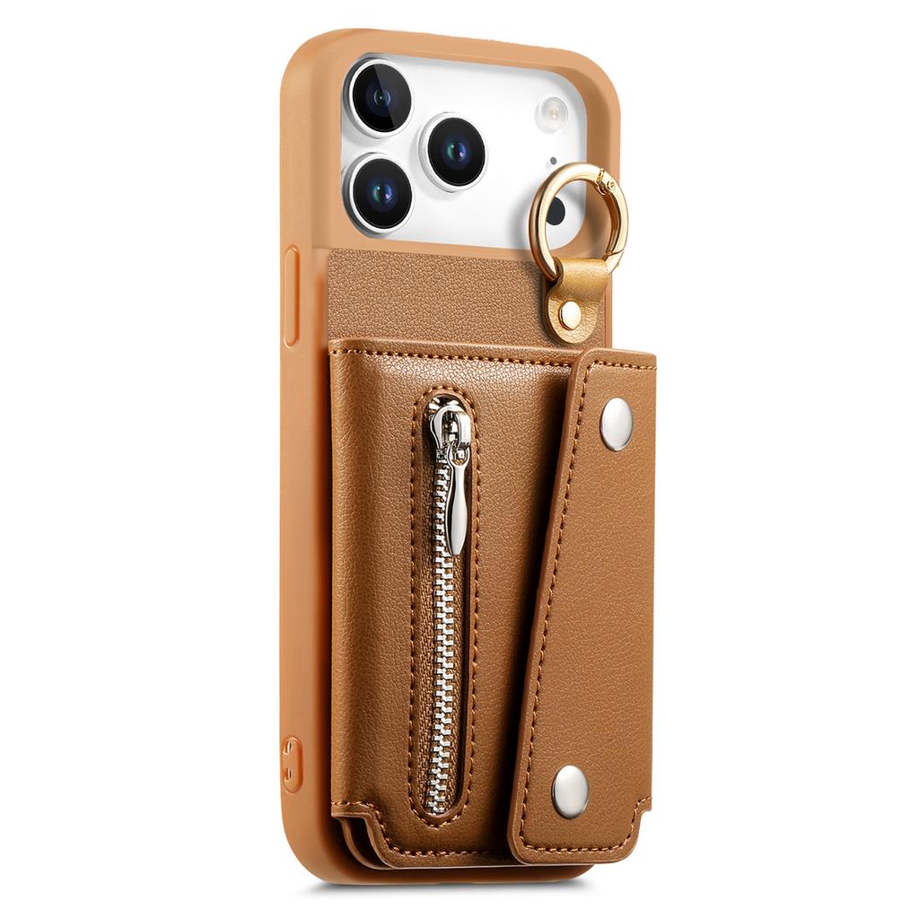 Zipper Cards Solt Leather Wallet Case for iPhone 17 Pro Max 16 Plus 15 14 13 12 11 17air Ring Holder Triple Fold Bag Stand Cover