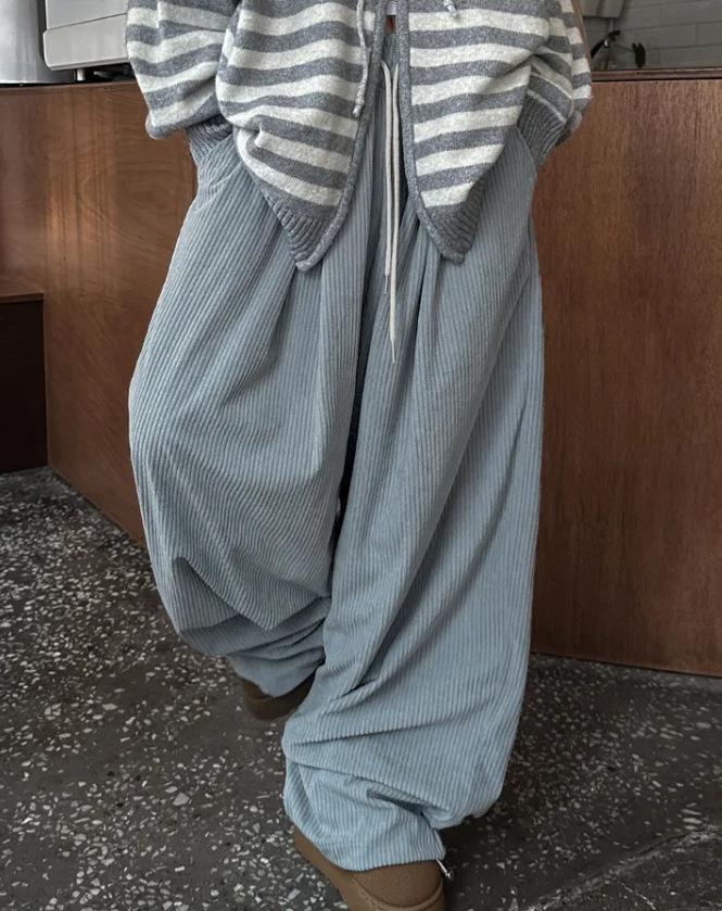 Corduroy High-Waist Striped Drawstring Trousers