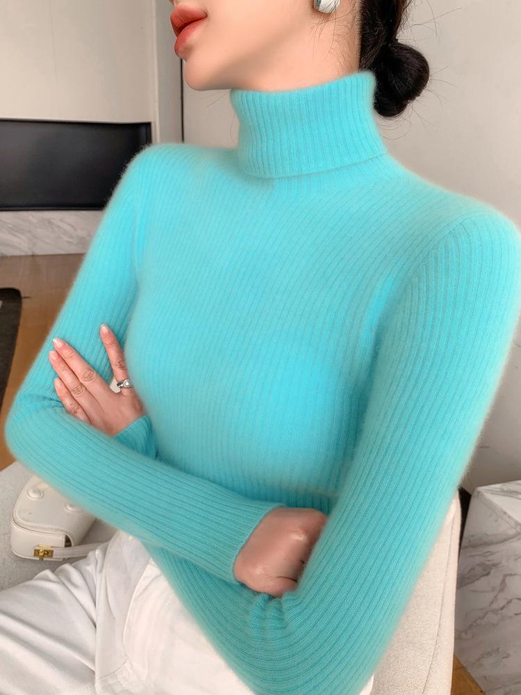 Women's Seamless Cashmere High-Neck Ribbed Sweater, Slim Fit, Body-Shaping, Slouchy Neck, Knit.