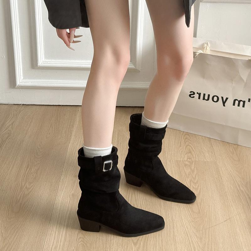 Maillard Boots Autumn and Winter New Vintage Low Boots Pleated Pile Boots Coarse Heel Western Martin Boots Short Boots 35