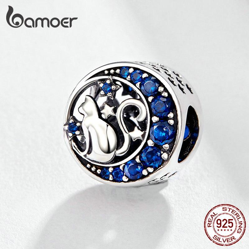 BAMOER 925 Sterling Silver Beads Blue Moon Naughty Cat Pet Charms for Original Bracelet Bangle DIY Jewelry