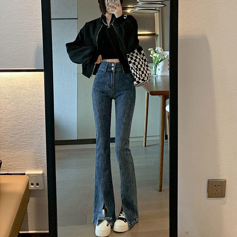 Women's High-Waist Retro Slit Denim Jeans - Petite Skinny Cropped Flare for Autumn/Winter 2022