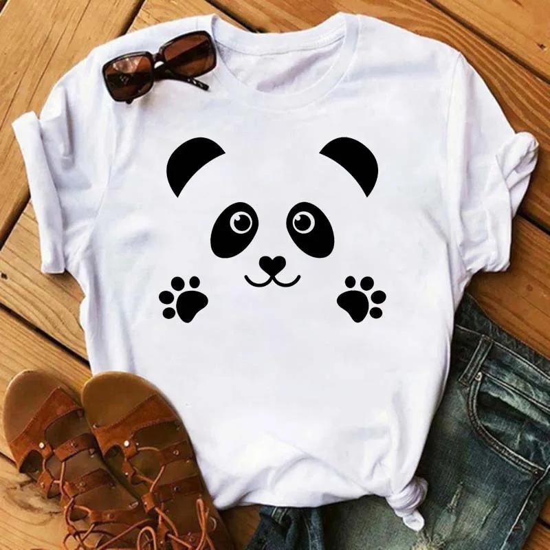 Cute Panda With Sunglasses Graphic Women T-Shirt Minimalist Black Line Animal Print Short Sleeve Casual Streetwear Tee