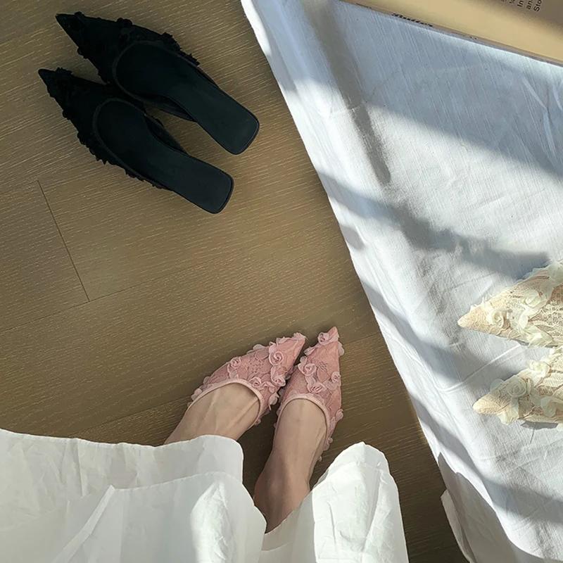 2025 Novo Verão Mulheres Renda Mules Chinelos Moda Salto Alto Fino Sapatos Mulher Chinelos de Malha Mulheres Sandálias de Luxo Sapatos de Festa