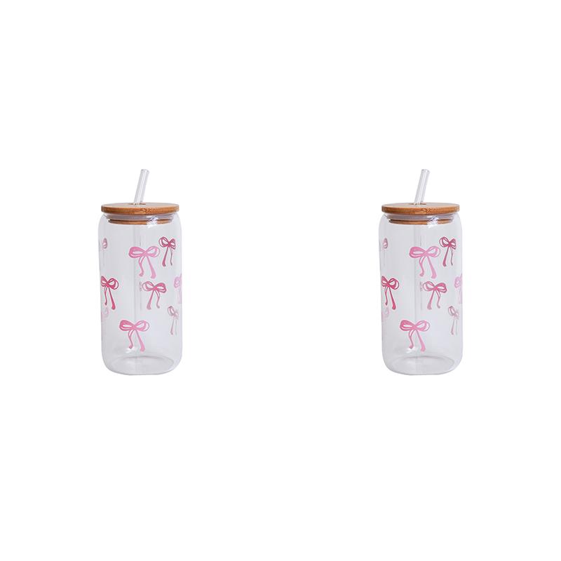 1/2/4/6 Peças Copo de Vidro Estampado com Laço com Tampa e Canudo, Exquisito Copo de Vidro com Laço de Alta Qualidade para Decoração de Casa, Copo de Bebida Diária para Família