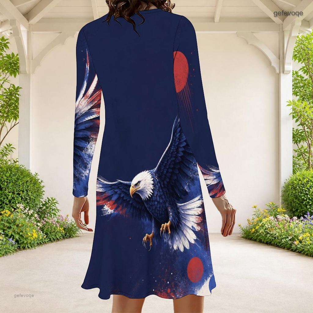 Women Plus Size Round Neck Long Sleeve Red Blue Star Swirl Printed A Line Dress