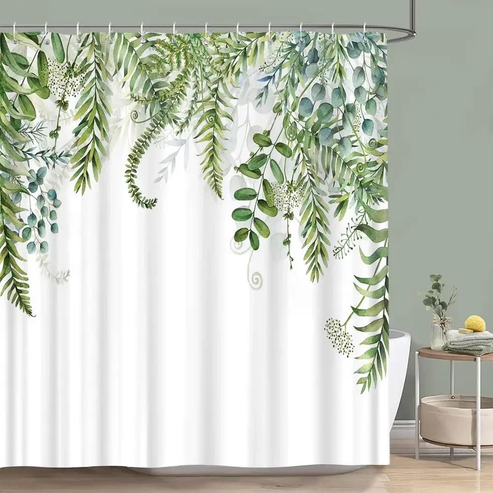 Sage Green Shower Curtain Plant Botanical Eucalyptus Leaf Watercolor Greenery Leaves Floral Bath Curtains Fabric Bathroom Decor