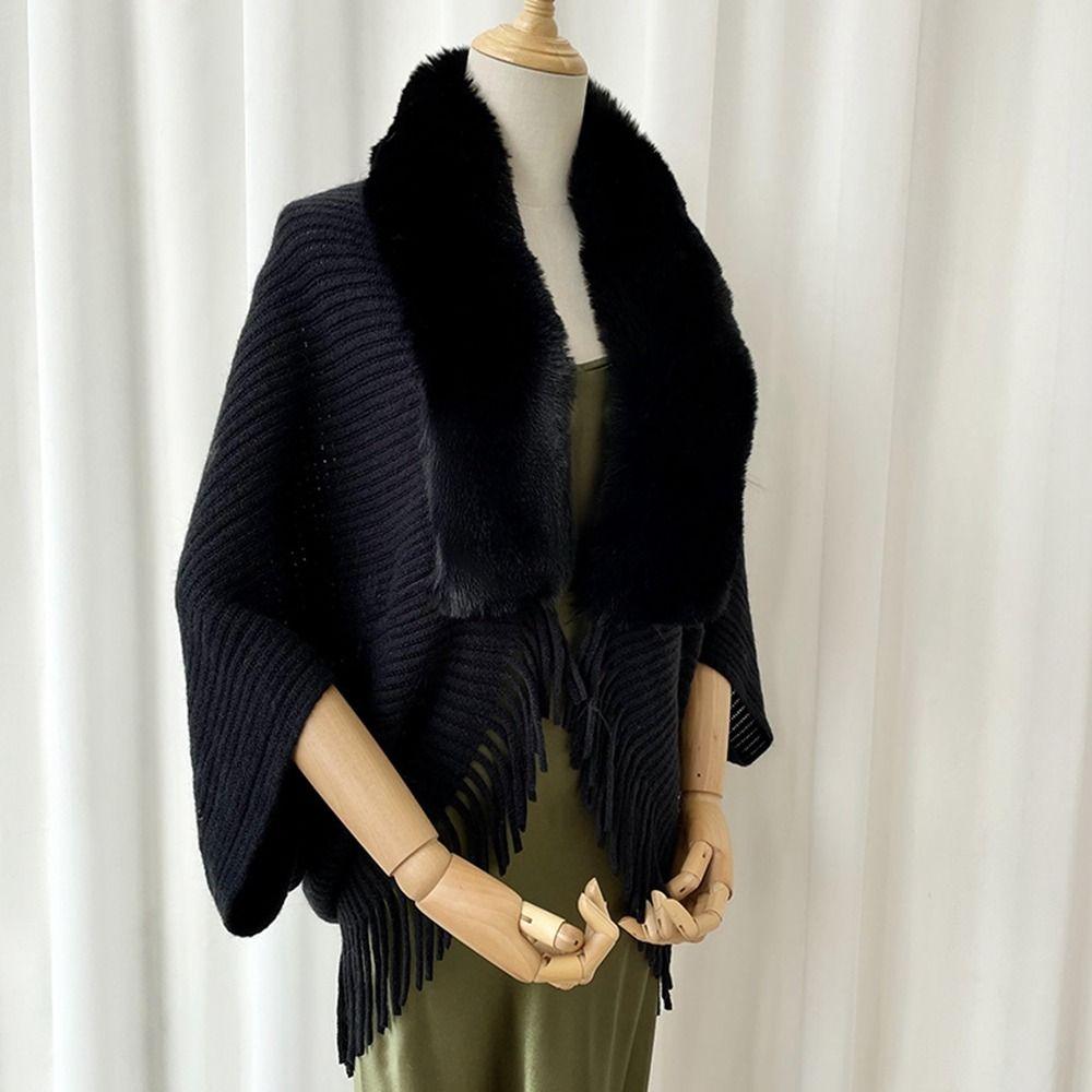 

Solid Color Wraps Plush Collar Female Cashmere Shawl Korean Style Scarves Poncho Tops Women Capes чёрный