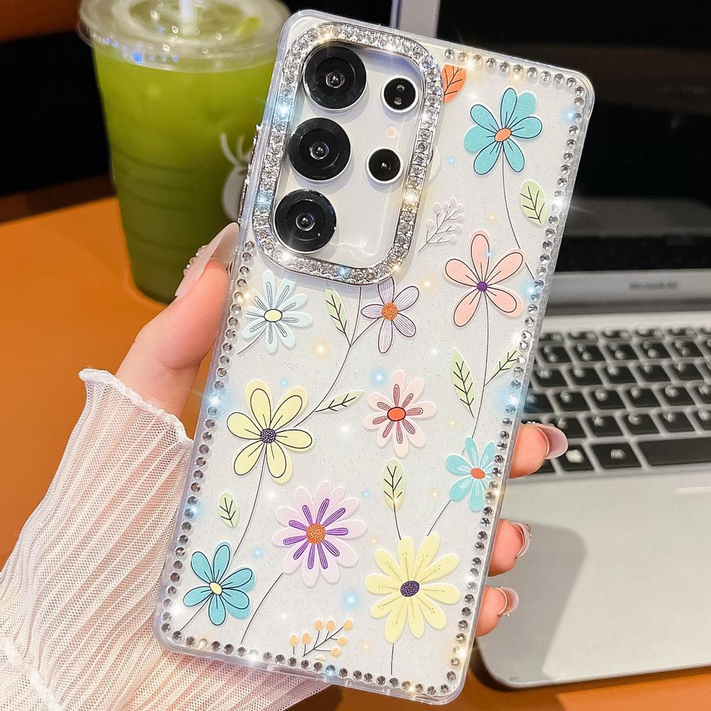 Samsung S25Ultra Mobile Phone Case Flash Drill S24FE Flower One Line Mirror Bracket A36 Protective Cover