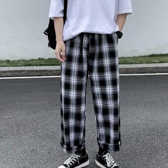 Men Pants Plaid Streetwear Wide Leg Elastic Waist Loose Sports Pants Trousers for Autumn