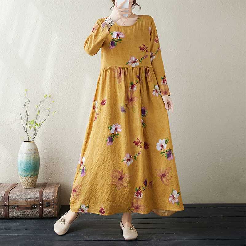 New Color Round Neck Retro Long Skirt Cotton Linen Dress