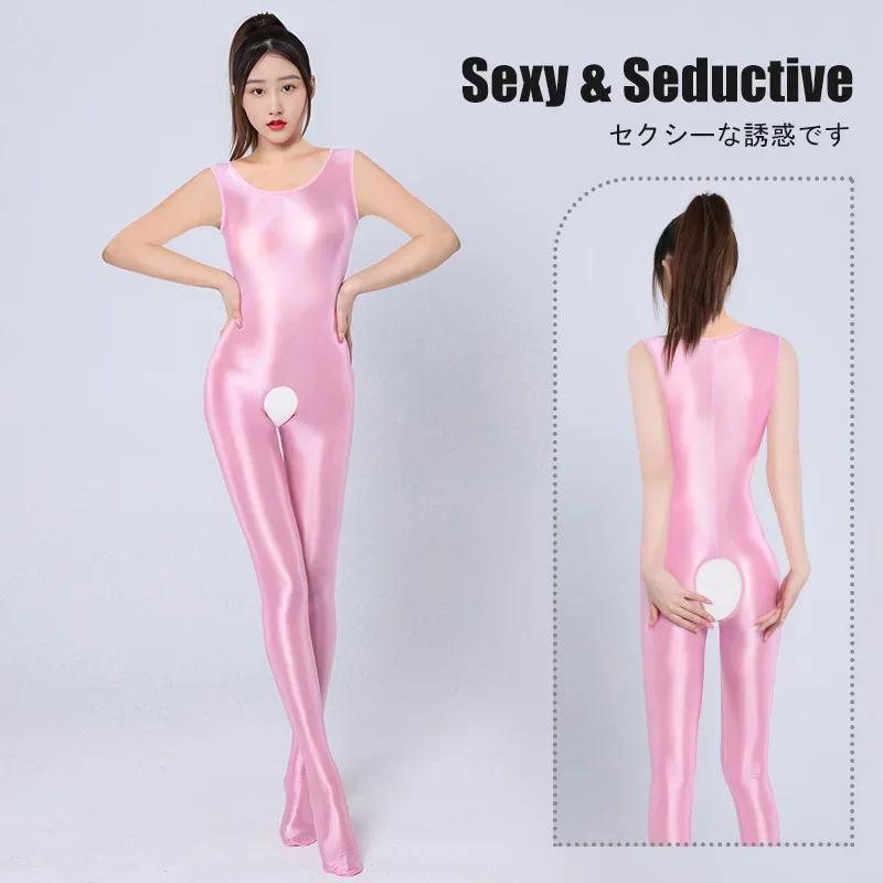 Sexy Shiny Glossy Backless Bodysuit Women'S Crotchless Sleeveless Jumpsuit Satin Smooth Tights One Piece Leotard Catsuit Ootd