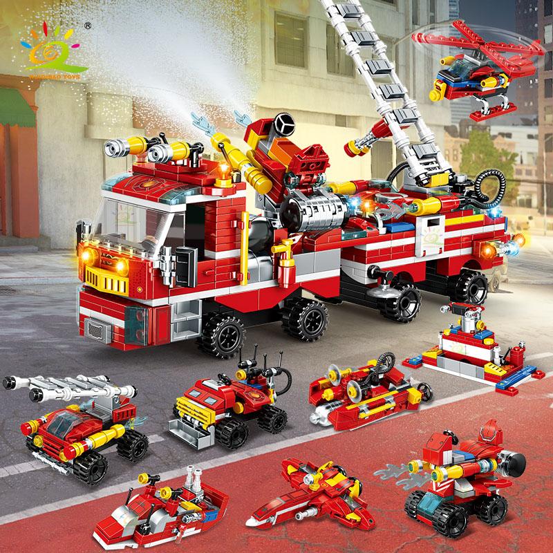 HUIQIBAO City Fire Fighting 8in1 Trucks Car Helicopter Boat Building Blocks Firefighter Figures Man Bricks Toys For