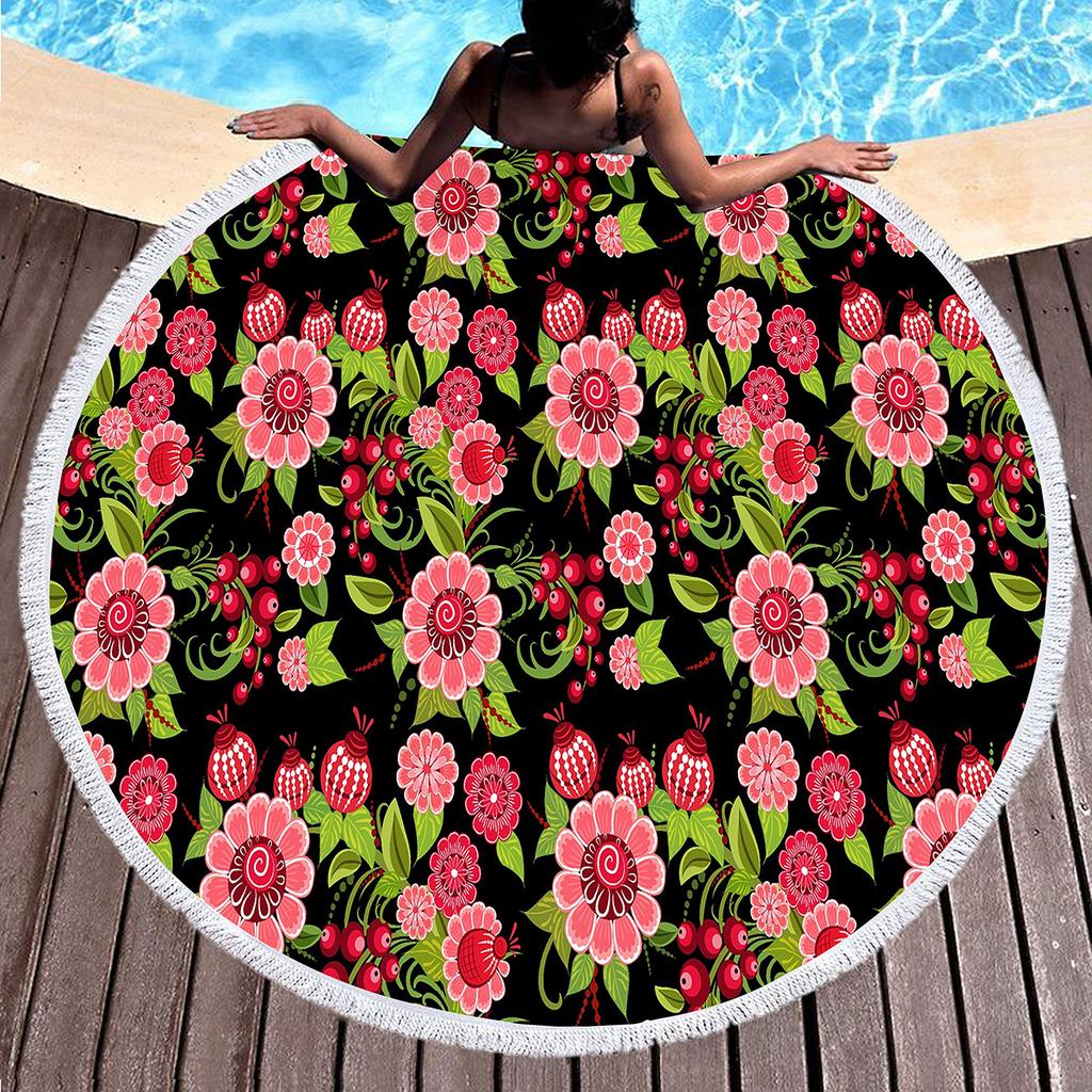 Vintage Floral Round Beach Towel with Tassels, Farmhouse Flower Beach Blanket, Soft Microfiber Yoga Meditation Mat Picnic Rug