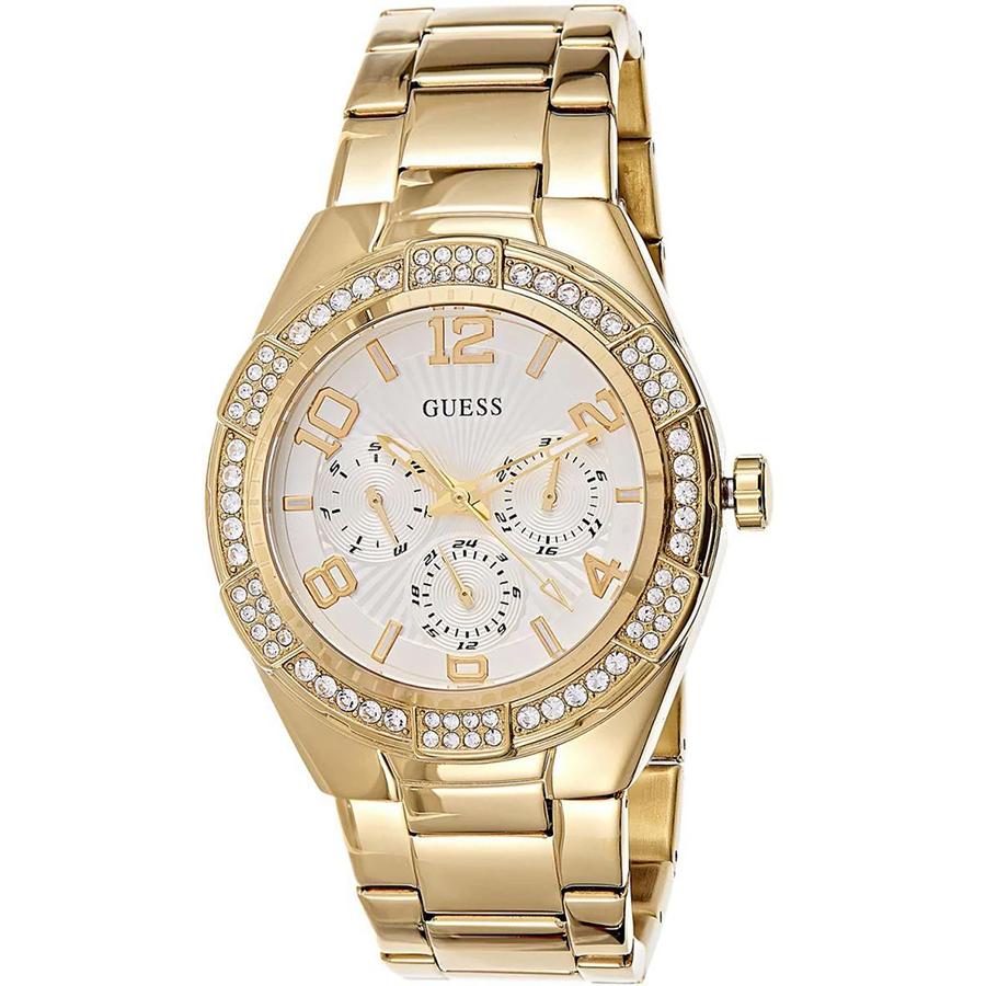 Guess Damski potrójny zegarek kwarcowy - Korpus ze stali nierdzewnej z wyświetlaczem tygodnia i wyświetlaczem sekundnika W0729L2