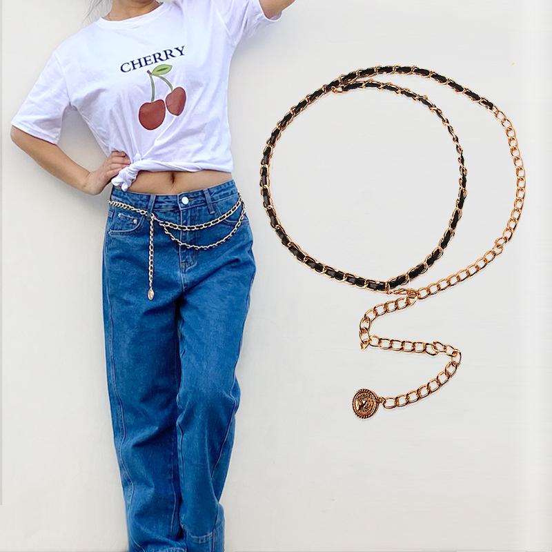 Fashionable and Versatile European and American Portrait Pendant Metal Leather Woven Waist Chain for Women Sweet and Cool Sexy Decoration Waist Chain