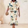 Women Plus Size Geometric Printed Two Piece Skirt Set Batwing Sleeve Ruffle Hem Top Fishtail Skirt