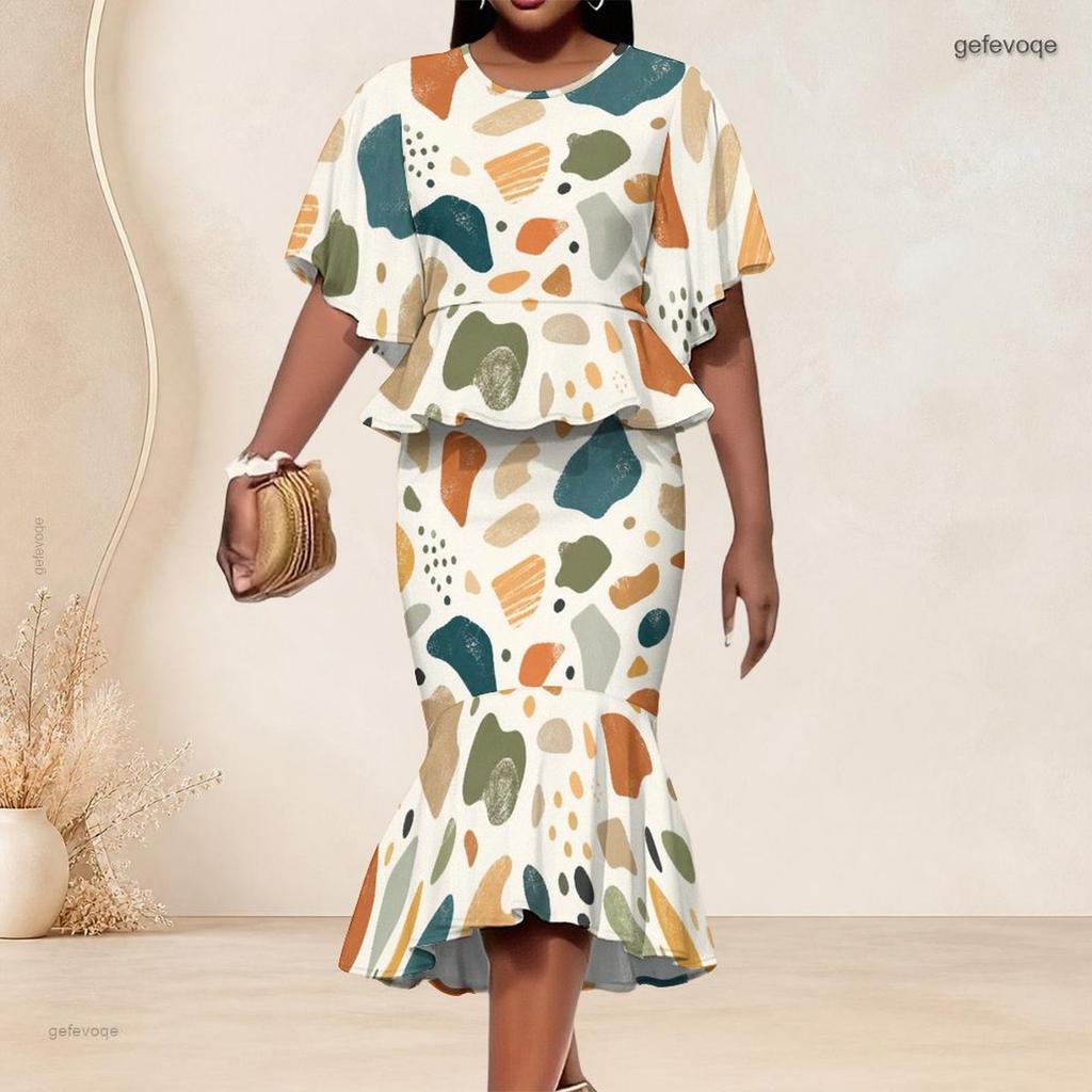 Women Plus Size Geometric Printed Two Piece Skirt Set Batwing Sleeve Ruffle Hem Top Fishtail Skirt
