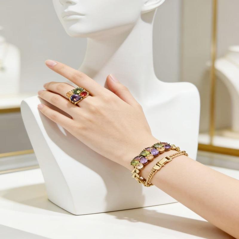 Mona Lisa Bracelet, Stud Earrings, Pendant, Necklace, Ring, Women'S Set, Rose Gold, Colorful Zircon.