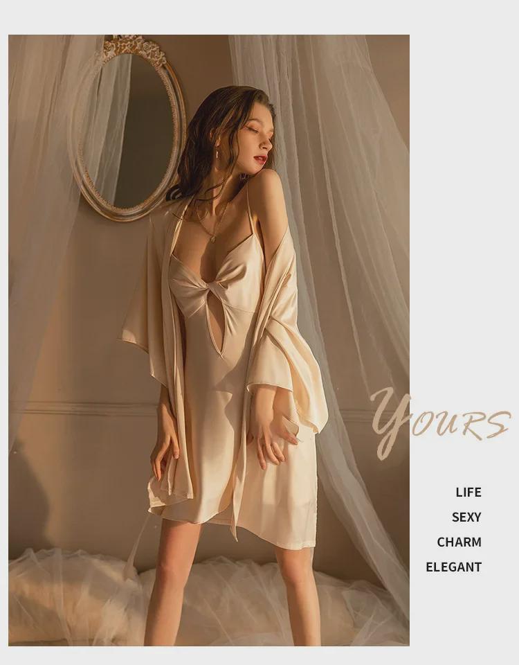 Sexy Ice Ribbon Nightdress & Chest Pad Pajama Set