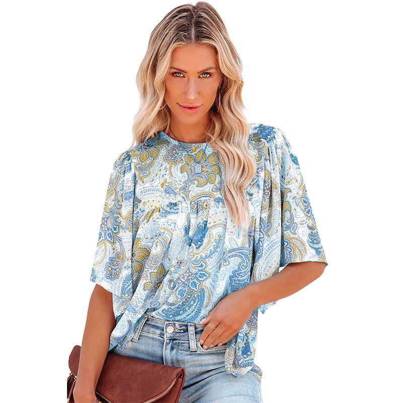 

Casual Fashion Print round Neck Short Sleeve Tops Chiffon Shirt LC25120595-Blue S code fits (45.00 kg-55.00 kg