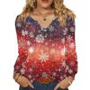 Women's Fashionable Casual V-neck Blouse Button Christmas Printed Long-sleeved Pullover T-shirt Top