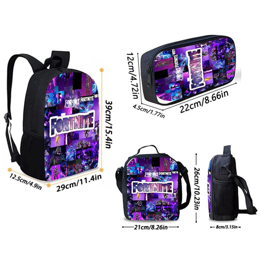 Fortnite Cartoon 3pcs Backpack Set for Boys Girls Unisex Including School Bag Lunch Bag Pencil Case Suitable for Ages 5-8