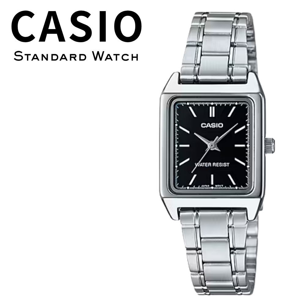 CASIO black and no overseas a big or entrance women's watch, silver, square, analog, small, simple, box. model. purchase