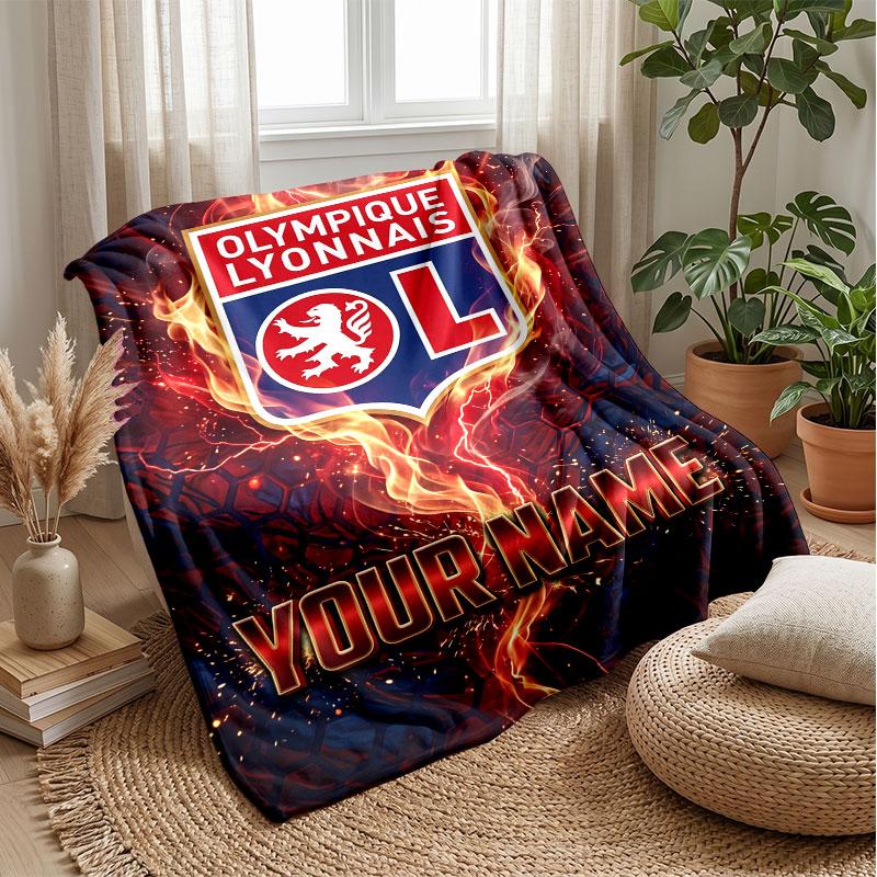 Lyon FC Custom Name Text Flannel Blanket Soccer Logo Personalized Fleece Throw Blanket Special Gift For Sofa Bedroom Home