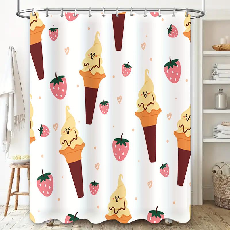 Ice Cream Cone Shower Curtain Cute Strawberry Design For Bathroom Decor Modern Printed Polyester Fabric Various Sizes Available