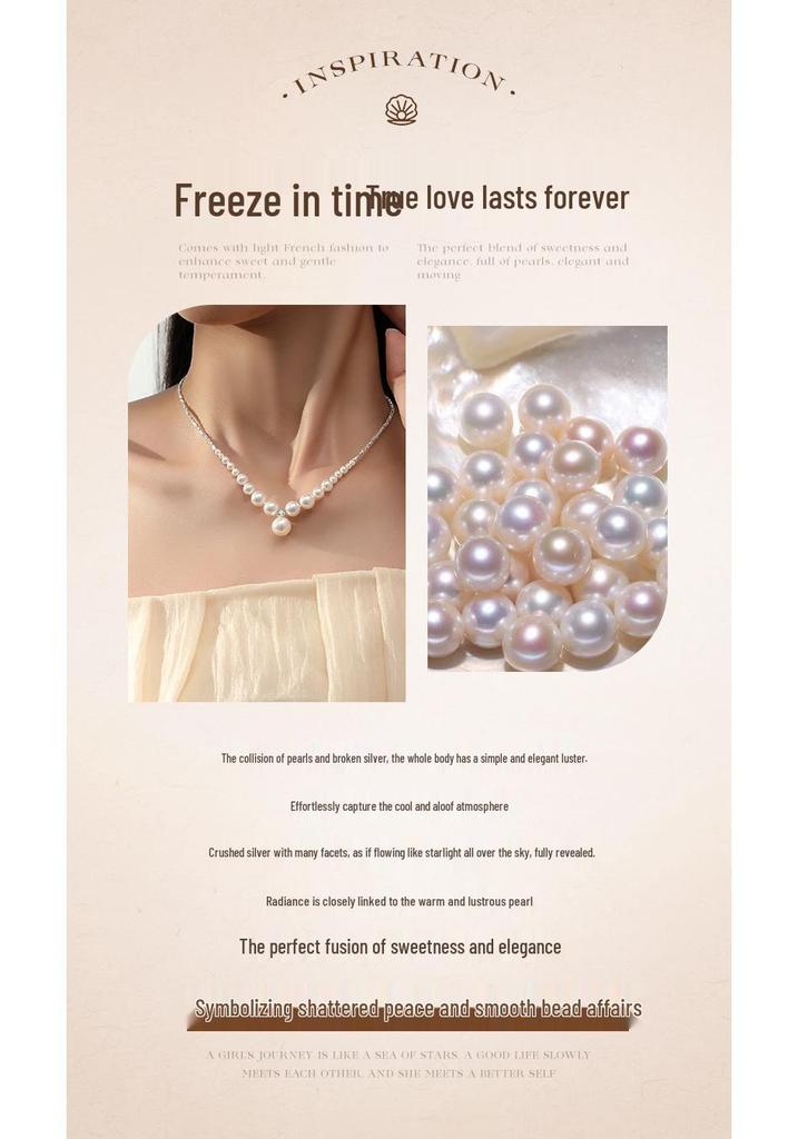 Luxurious S925 Sterling Silver Clavicle Necklace with Crushed Silver and French-Style Round Imitation Pearls.