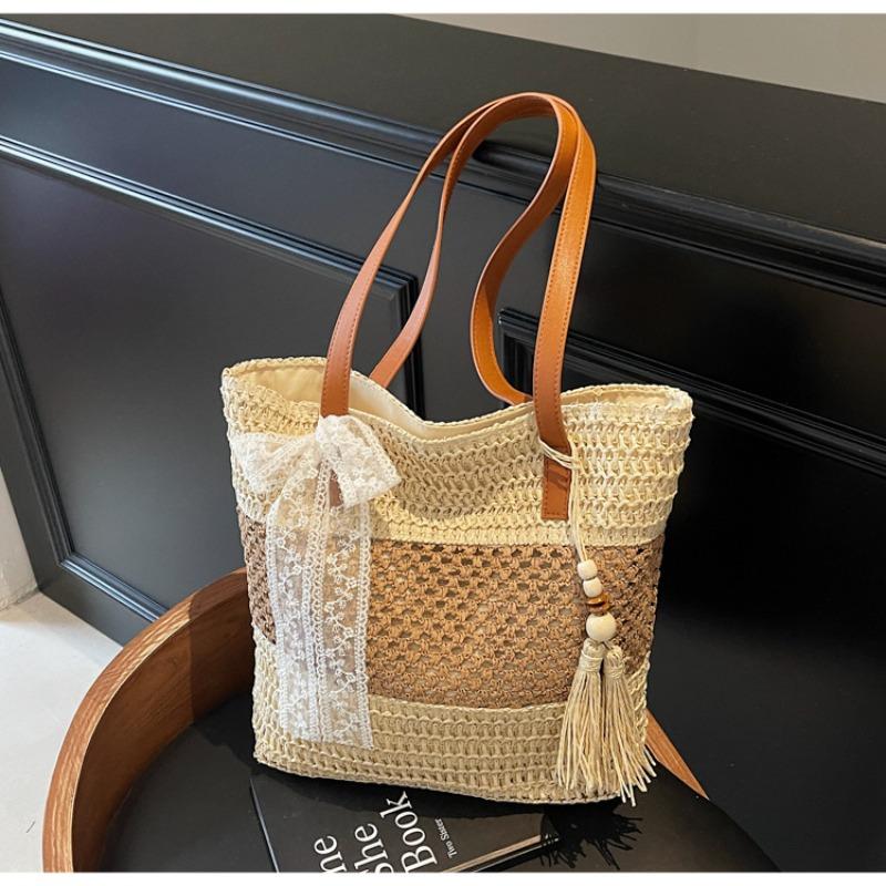 

Personalized Woven Checkered Fringe Beach Bag, Vacation Tote Bag, Shoulder Bag бежевий