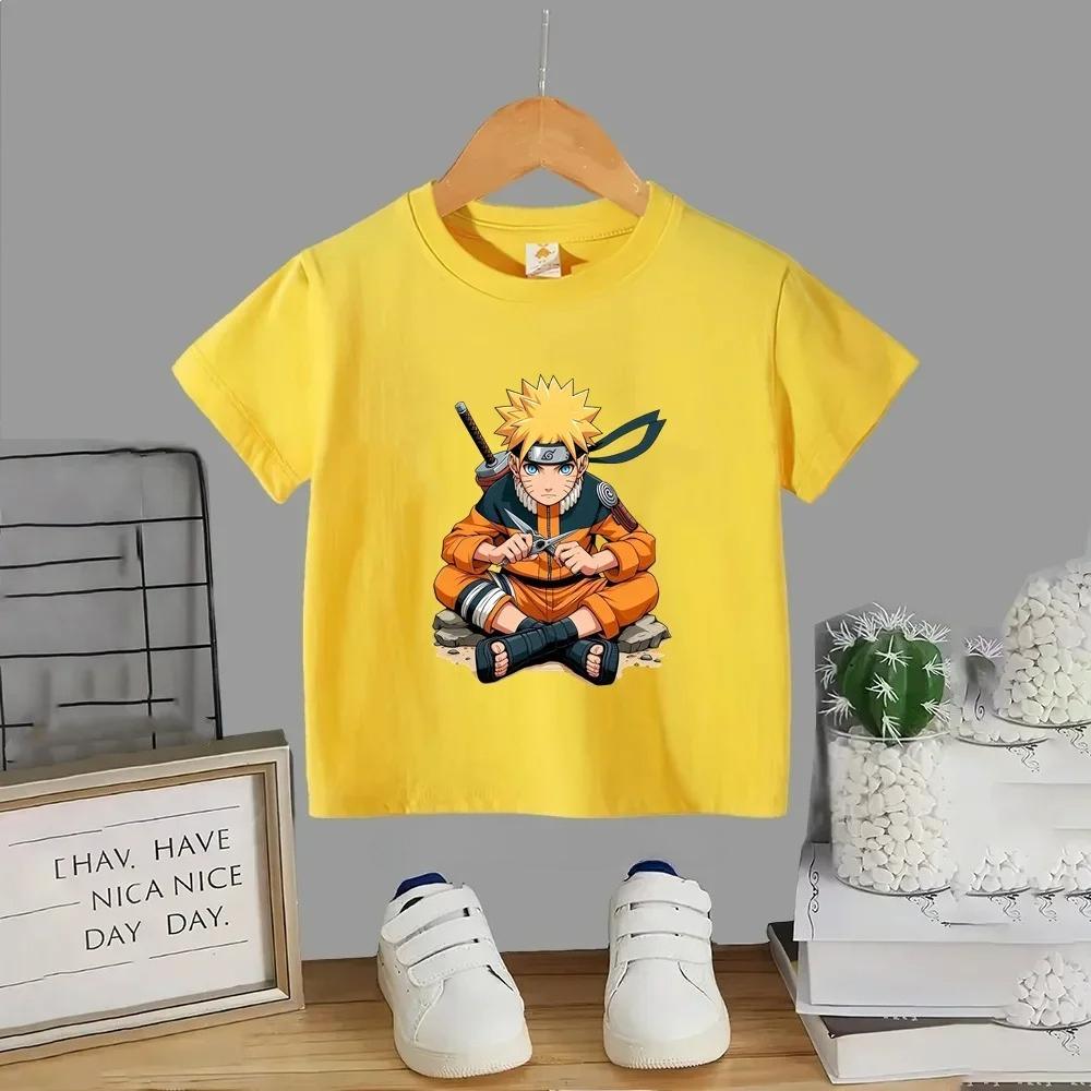 Maglietta 100% Cotone Naruto Uzumaki in Posa Seduta per Bambini, Maglietta a Maniche Corte Grafica Anime per Ragazzi e Ragazze, Top Bianco Casual con Disegno Animato per Bambini