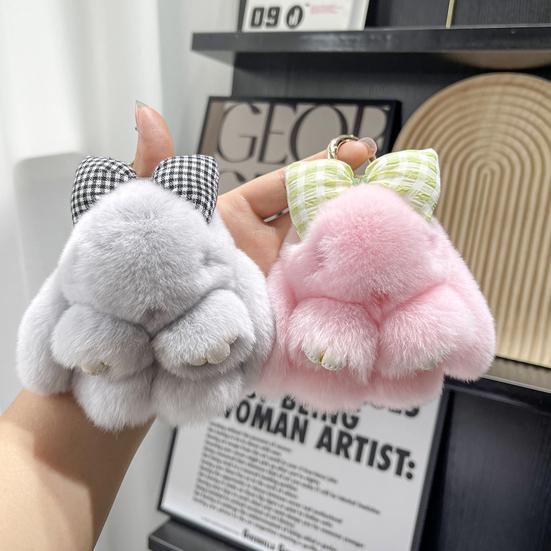Plush Bowknot Bunny Keychain Fuzzy Faux Fur Rabbit Animal Doll Key Ring Holder DIY Handbag Pendant Backpack Decoration Kids Adults Birthday Gift